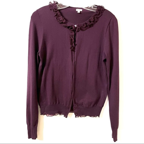 J. Crew Sweaters - J Crew Purple Cardigan Ruffle Silk Trim Button Sweater quiet-luxury cottage-core